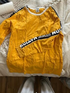 PINK - Yellow Long Sleeve Shirt with Black and White Shoulder Tape